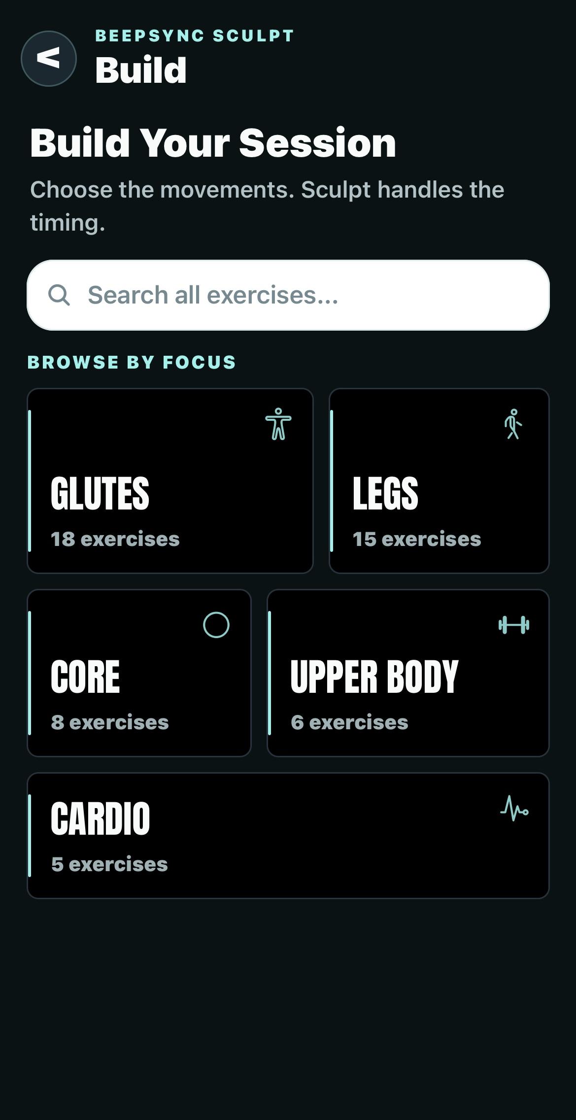 BeepSync Sculpt exercise library screen with movement categories