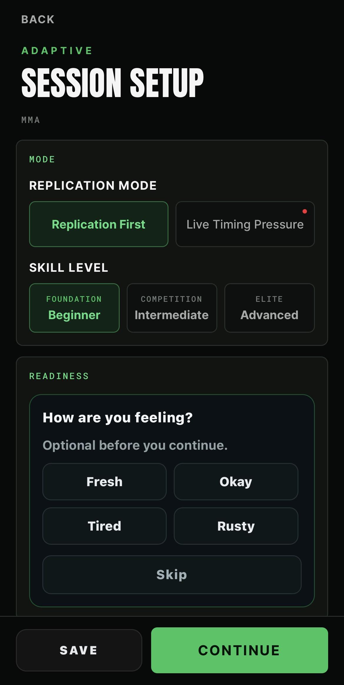 BeepSync Adaptive setup screen with replication mode and skill level options
