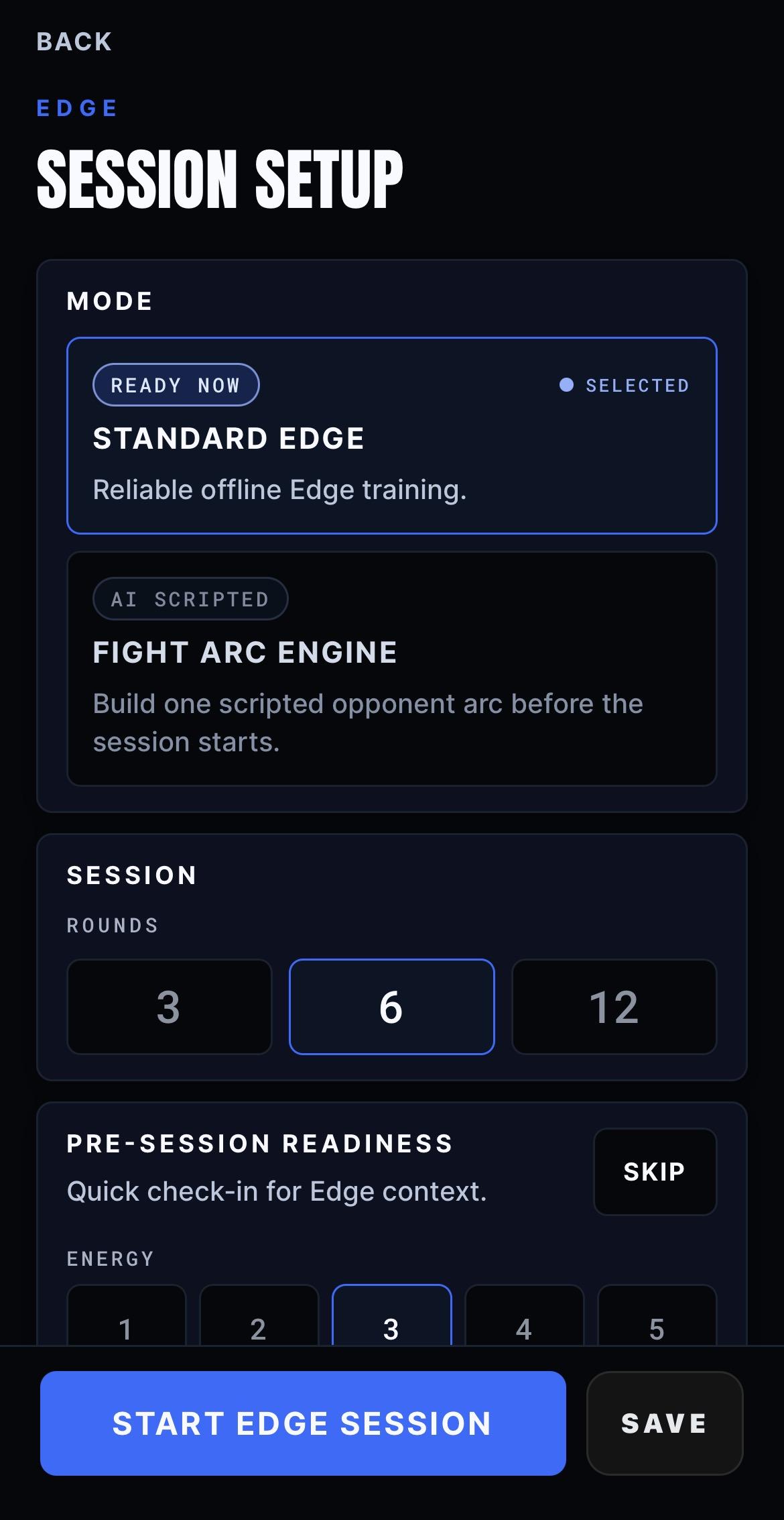 BeepSync Edge setup screen showing Standard Edge and round choices