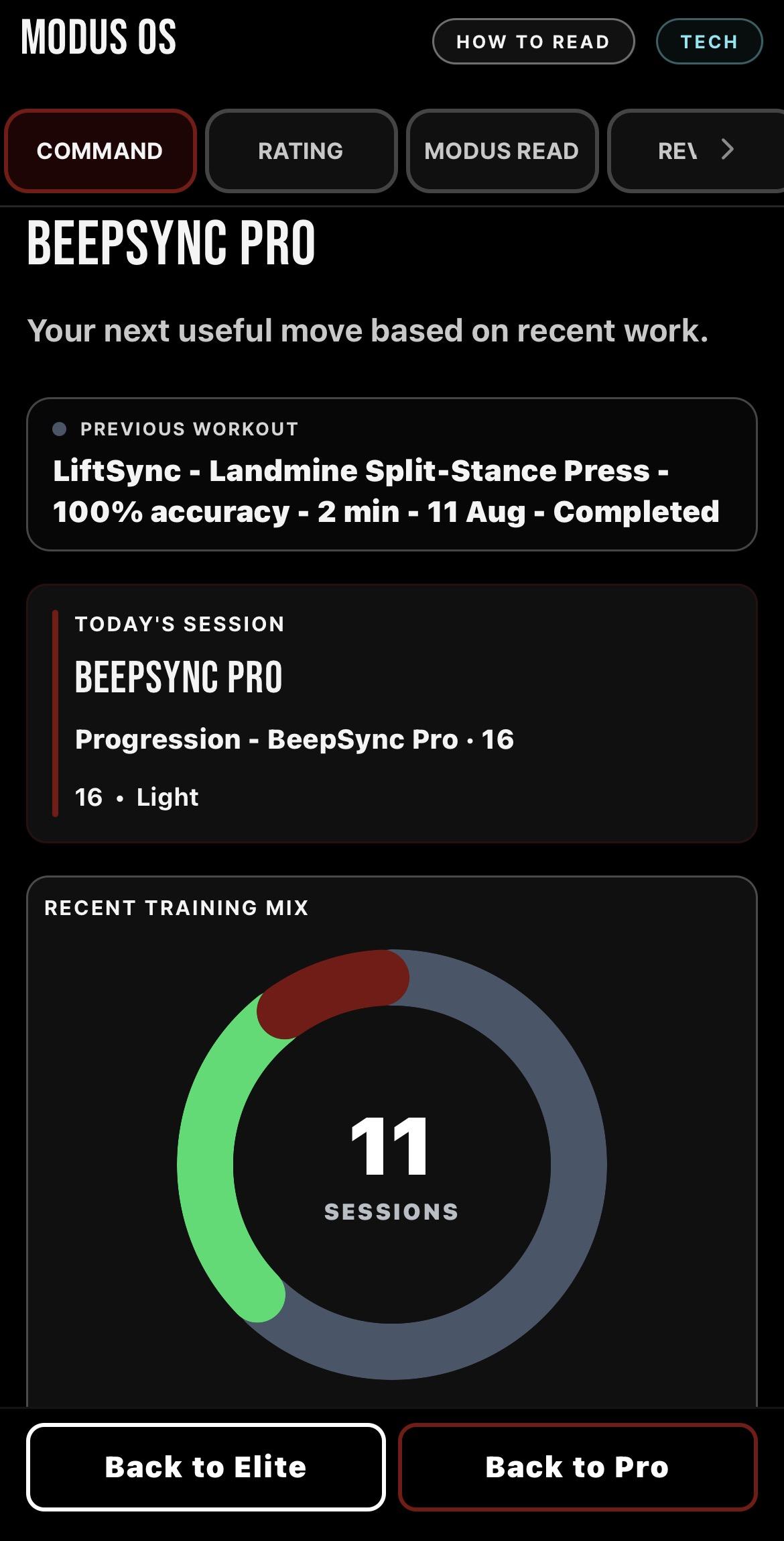 MODUS Command screen showing the next useful move based on recent work