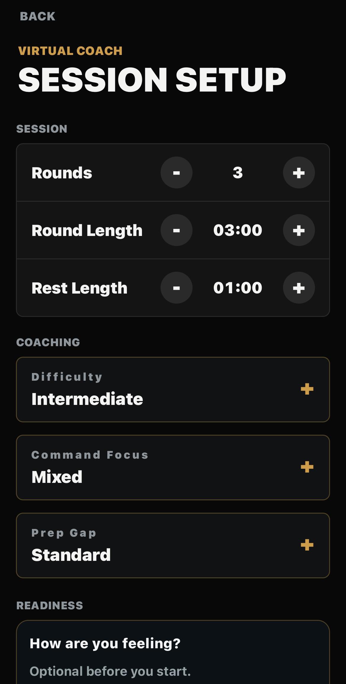 Virtual Coach session setup screen with command focus and readiness options